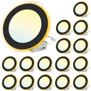 6 Inch Black Recessed Lighting with Night Light 16 Pack,Canless Wafer, 12W, 120V, 1100LM, 2700K-5000K Selectable, Dimmable, ETL FCC