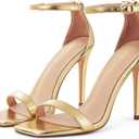 Elisabet Tang Women's Stiletto Heels Square Open Toe Ankle Strap High Heeled Sandals 4 Inch Comfort Sexy Dressy Shoes (7, Gold)