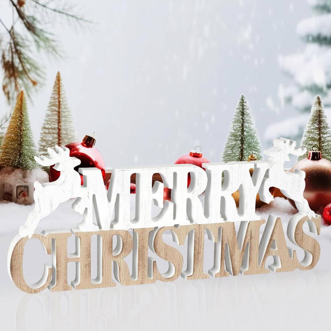 Merry Christmas Table Centerpiece Sign, Wooden Merry Christmas Decorations with Deers, Freestanding Retro Xmas Decoration Sign for Tables Book Shelfs Tiered Tray Fireplace Mantel