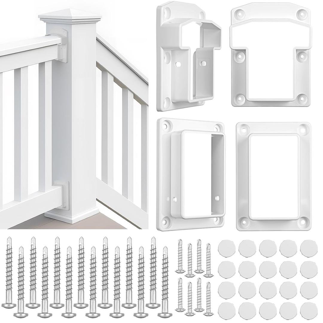 Beeveer 2 Sets Vinyl Fence Railing Bracket Kit with Screws Straight Porch and Deck Railing Bracket Fits for 2 x 3.5 White Top and Bottom for Yorkshire and Bolton