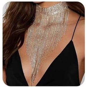 Xerling Extra Long Rhinestones Tassel Choker Necklaces for Women Boho Fringe Chains Multi-row Rhinestones Long Wedding Necklaces Statement Bridal Bib Collar Necklaces (Silver)