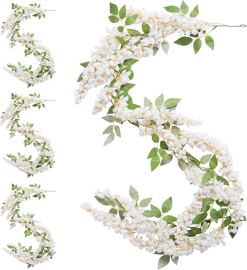 Wisteria Hanging Flowers Garland Wedding - Decorations Arch Flower Garlands for Wall 4 Pack Backdrop Decor Outdoor Fake White Floral Vines for Home Party Flores Artificiales para Decoracion