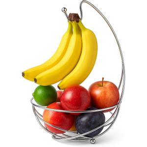 BNYD Chrome Fruit Bowl with Banana Holder  14" Countertop Wire Basket with Banana Hook, Modern Fruit Basket with Banana Tree Hanger for Kitchen Table or Island Storage