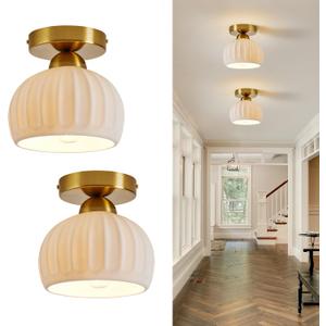 Vintage Ceramic Semi Flush Mount Ceiling Light - 2 Pack, Gold Hallway Light Fixtures, White Globe Ceiling Lights,Mid Century Small Chandelier Light Fixture for Cottage Entryway Laundry Room Kitchen