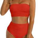 High Waisted Bandeau Bikini Set - Women Strapless Two Piece Swimsuits Ribbed Longline Full Coverage Bathing Suits Swimwear (Large, Red)