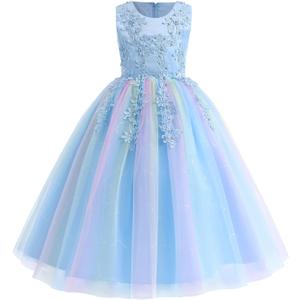 Flower Girls Embroidery Lace Bridesmaid Dress Beaded Wedding Pageant Party Princess Communion Floor Length Boho Dance Gown (Blue)