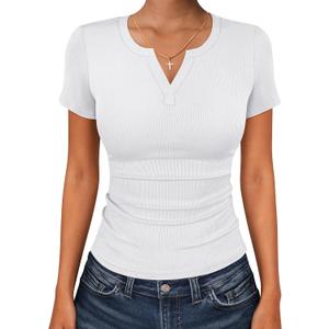ANRABESS Women Short Sleeve Tops V Neck Rib Knit Slim Fit Shirts Basic Tee 2026 Summer Casual T-Shirt Outfits Clothes (White, XL)