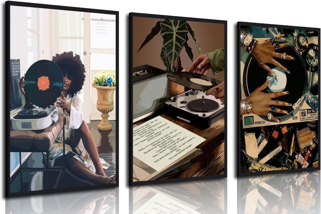 3Pcs Black Woman Art Poster African American Women Canvas Wall Art Funky Black Girl Record Music Posters prints for Modern Black Woman Bedroom Home Decoration 12x16in Unframed