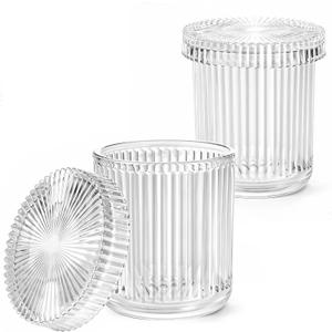 SheeChung Glass Qtip Holder Dispenser Set, 2-Pack Glass Apothecary Jars - Vintage Bathroom Vanity Organizer for Cotton Swabs, Balls, Pads, Floss Picks - Bathroom Accessories Decor (Clear)