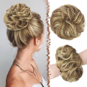 FESHFEN Large Messy Bun Hair Piece - Wavy Synthetic Chignon Scrunchies Elastic Ponytail Hair Extensions Thick Hairpieces for Women, Sand 1.94oz