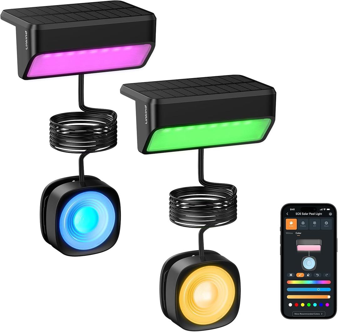 Linkind Smart Solar Pool Lights, RGBW APP Control Poolside Solar Lights Inground, IP68 Waterproof LED Light for Above Ground Pool, Garden, Fence, Pond, 2 Pack