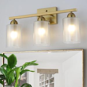 Stainless Steel Bathroom Vanity Light Over Mirror, 3 Light Brushed Gold Bathroom Light Fixtures with Milk Glass and Clear Glass Shades, Modern Vanity Lighting Wall Mount