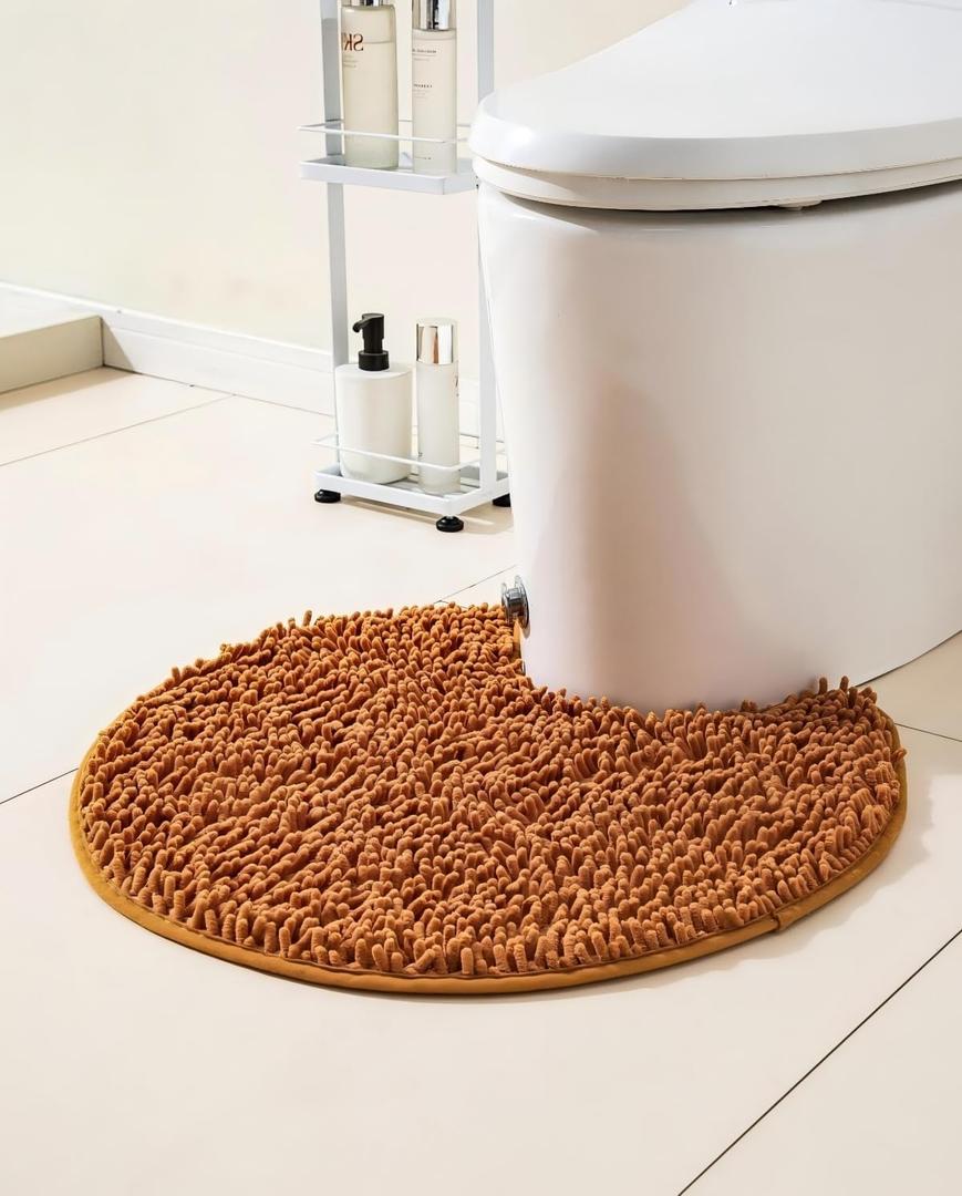 Soft Shaggy Round Toilet Rug U Shaped for Bathroom, Excellent Absorbent Contour Toilet Mat Machine Washable, Non-Slip Microfiber Chenille Bathroom Rugs 24" Coral