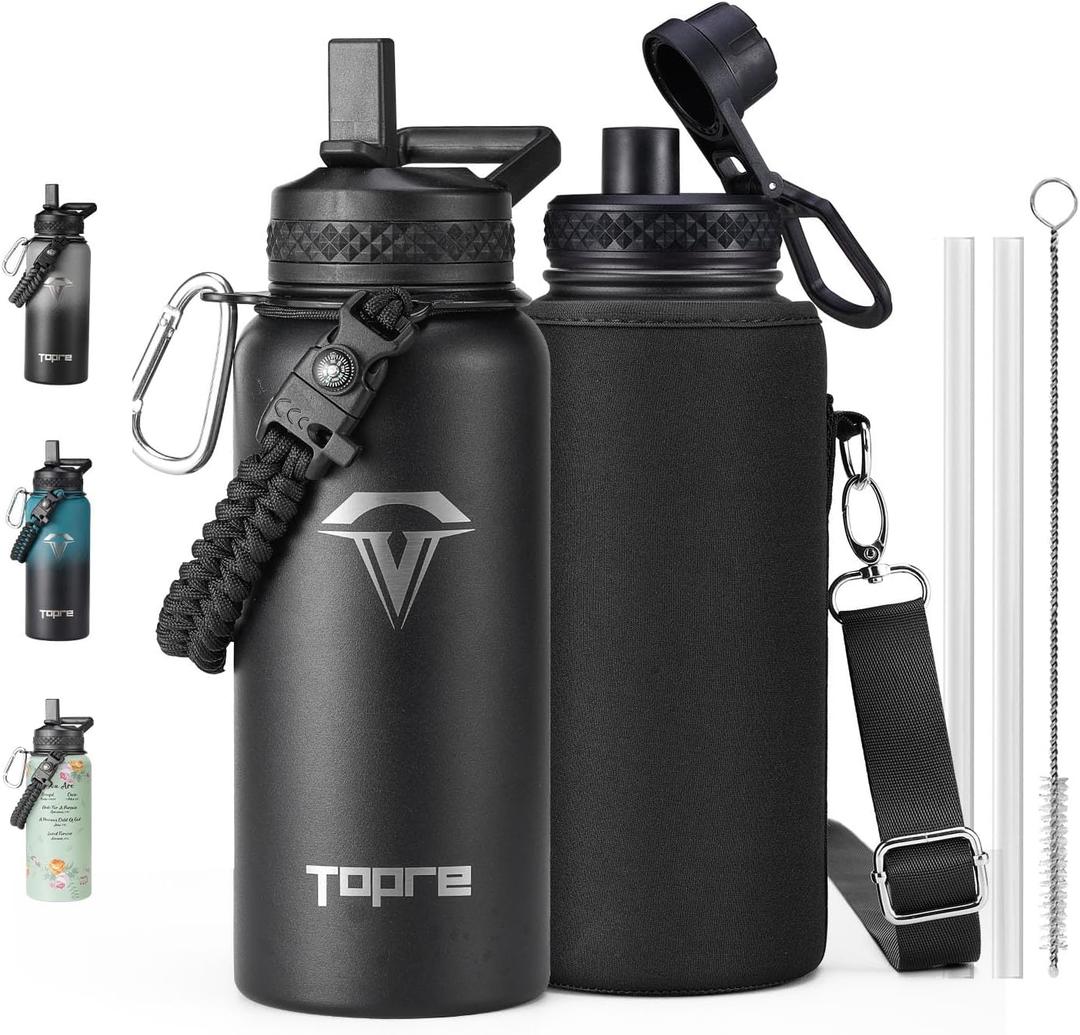 32oz Insulated Water Bottle,Stainless Steel Vacuum Water Bottle, BPA-Free & Leakproof -with Paracord Handle,Strap,Straw Spout Lids,Large Water Jug for Gym Sports (Black)