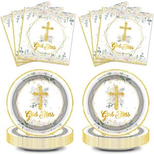 2 x God Bless Plates and Napkins Baptism Theme Party Supplies, First Holy Communion 20 Plates, 20 Napkins for Newborn Baptism Church Cross Party Decoration