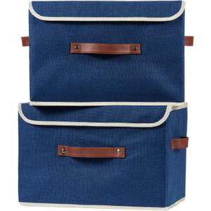 2PCS Storage Boxes with Lid Cotton Linen Fabric Storage Bins Organizer Container Decorative Collapsible Washable Shelf Closet Baskets Faux Leather Handles Home Bedroom (Deep Blue, Large)