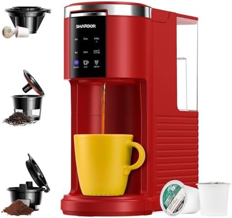 SHARDOR 3 in 1 Single Serve Coffee Machine, K Cup Coffee Maker Compatible with Ground Coffee & Teas, 6 to 14oz Brew Sizes, 40oz Removable Water Tank, Descale Settings, Red