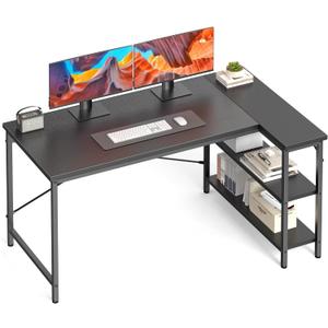 DUMOS L Shaped Desk 47 Inch Computer Desk Gaming Furniture Corner Desks Home Office PC Table with Reversible Storage Shelves for Writing Working Study Bedroom Dorm, Modern Black