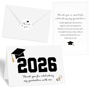 Motipuns 100 Sets Black 2026 Graduation Thank You Cards with Envelopes and Stickers Pre-printed Message Bulk Appreciation Notes College Greeting Card for Guest Family Teacher Classmate