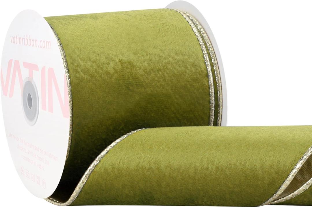VATIN Green Velvet Wired Ribbon 4" Metallic Grass Green Velvet Christmas Ribbon for Floral Arrangements Wrapping Gifts Stylish Decor Creation -Continuous 10 Yards