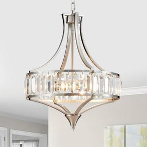Brushed Nickel Crystal Chandeliers for Dining Room, Modern Round Light Fixture for Kitchen Hallway Bedroom Foyer Living Room, 4 Lights Farmhouse Adjustable Height Hanging Light, 16 Inch