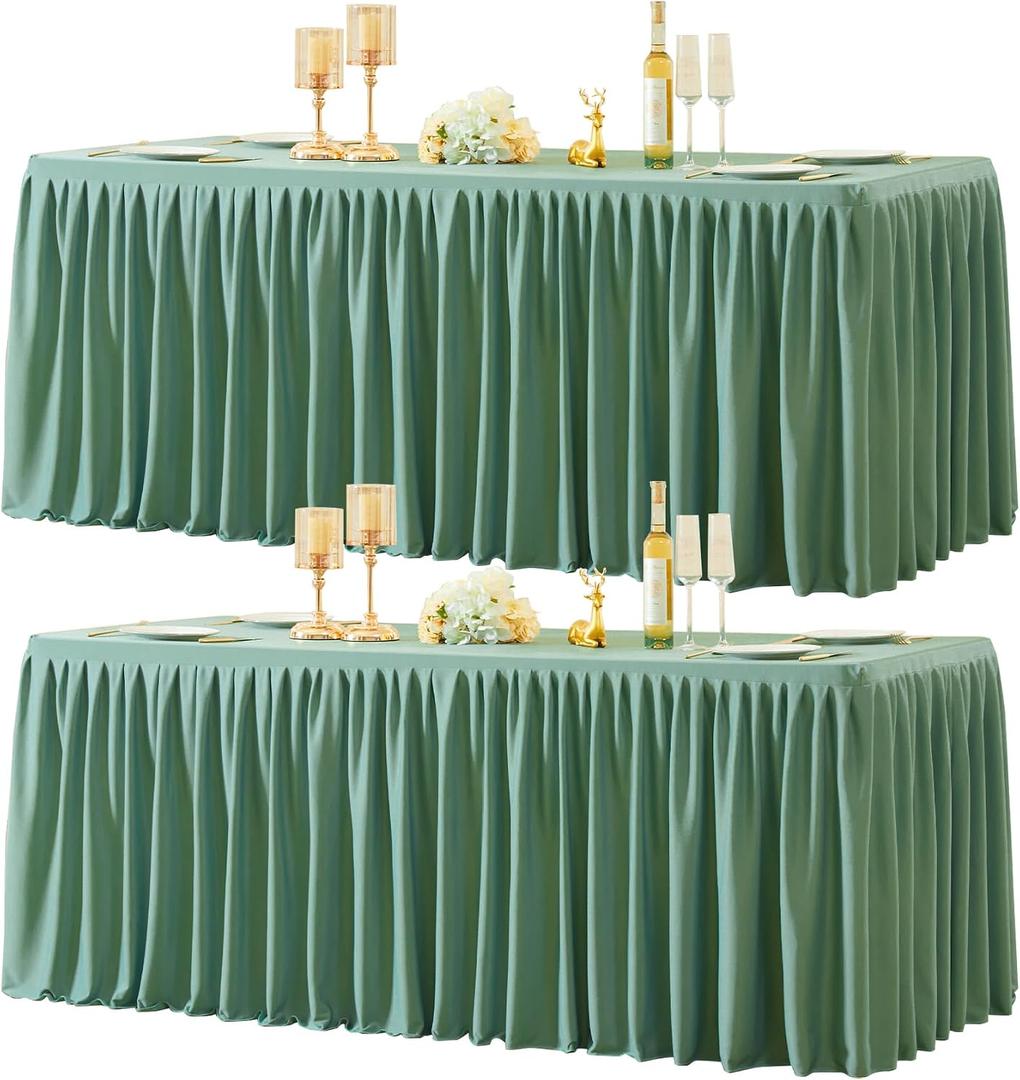 2 Packs Sage Green Tableclothes for 6 Foot Rectangle Tables, Wrinkle Free Fitted Table Cloth 6ft Stretch Table Cover with Skirt for Parties Weddings Birthday Banquet Baby Shower
