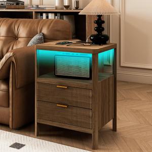 Night Stand with Charging Station, 2 Drawers Modern Bedside Tables with Storage, Fluted Nightstand for Bedroom and Living Room(Walnut Brown), 19.6" W x 14.9" L x 25.5" H