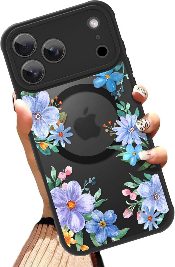 OOK Magnetic Case for iPhone 17 Pro Max 6.9 Inch [Compatible with MagSafe] Soft TPU and Hard PC Full Body Protection Case with Purple Floral Flowers Anti-Scratch Shockproof Slim Phone Cover for Women
