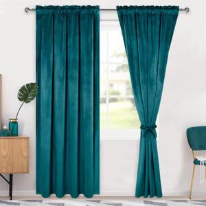 Hiasan Teal Velvet Curtains 90 inch Blackout Rod Pocket Thermal Insulated Soft Curtains Room Darkening Window Drapes with Tiebacks for Bedroom Living Room, Set of 2 Panels, 52W x 90L