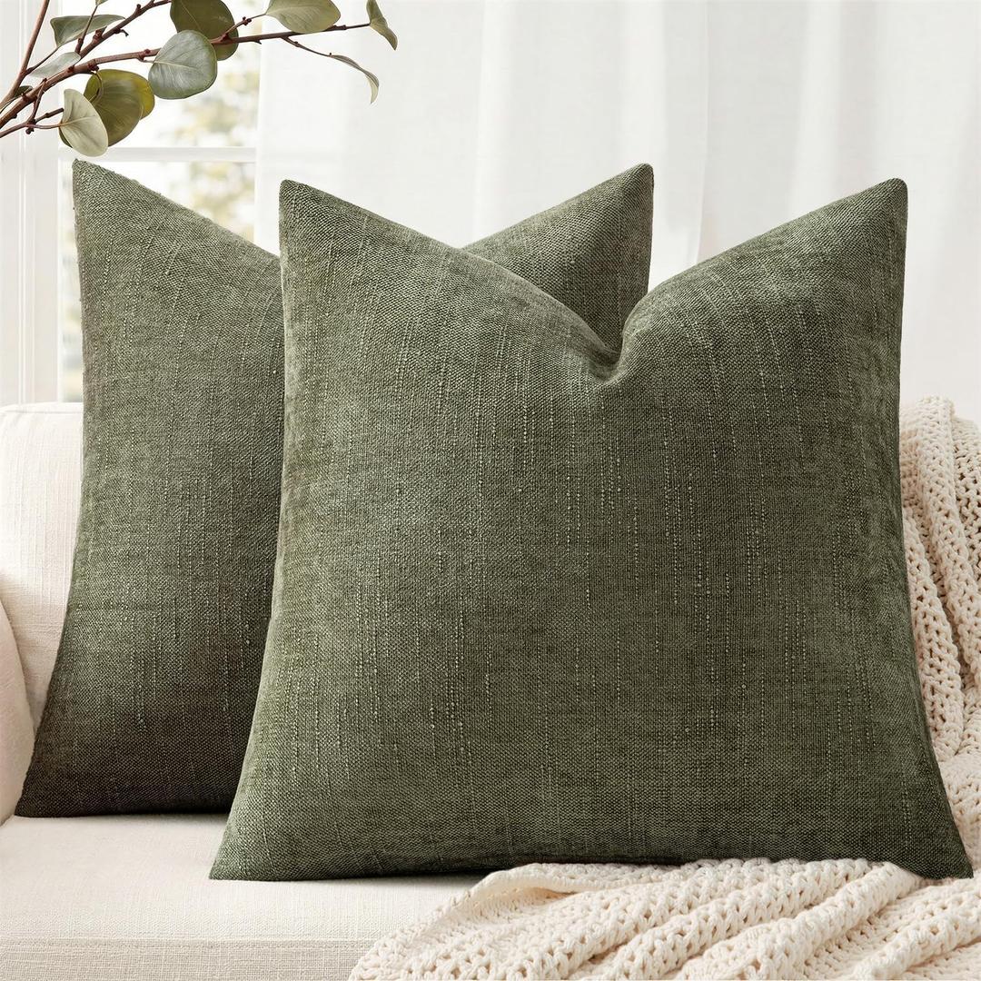ANRODUO Pack of 2 Decorative Textured Throw Pillow Covers Soft Olive Green Square Accent Solid Chenille Cushion Cover Cozy Farmhouse Pillow Case for Couch Sofa Bed Living Room Summer Decor 18x18 Inch