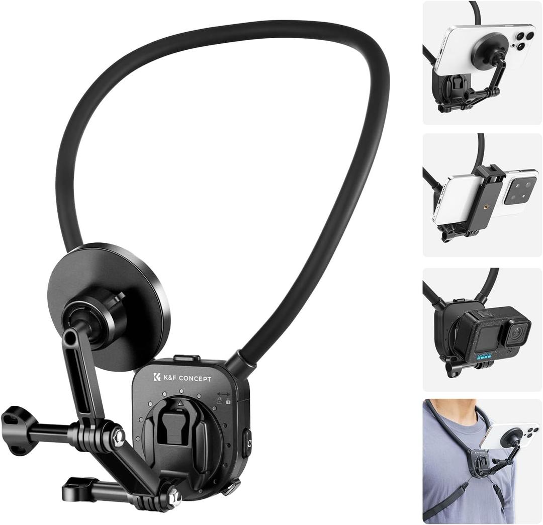 K&F Concept Magnetic Neck Phone Mount for Recording, Hands-Free POV/Vlog Video Filming, Magnetic Phone Chest Mount for GoPro DJI Insta360, Neck Holder for iPhone 16 15 14 13 12 Series