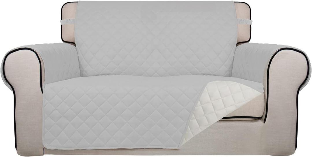 PureFit Reversible Quilted Sofa Cover, Water Resistant Slipcover Furniture Protector, Washable Couch Cover with Non Slip and Elastic Straps for Kids, Pets (Loveseat, Light Gray/Ivory) (Medium)