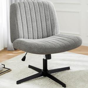 DUMOS Criss Cross Legged Office Chair, Armless Wide Seat No Wheels, Modern Home Desk Seating Swivel Height Adjustable Fabric Vanity for Bedroom (Grey)