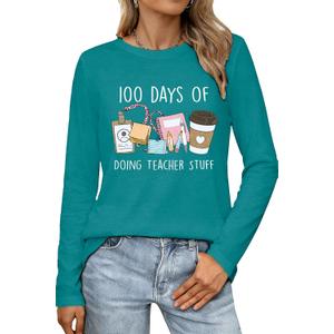 100 Days of School Shirt Teacher School Days Long Sleeve Shirts Funny 100 Days Celebration Tee Tops (XL)