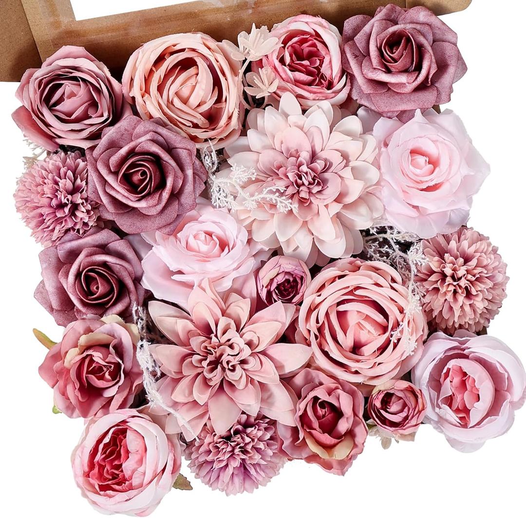 Artificial Flowers Dusty Pink Silk Roses, Fake Flowers for DIY Wedding Bouquets Bridal Shower Centerpieces, Floral Arrangements for Table Decorations Birthday Party Home Decor Indoor Outdoor
