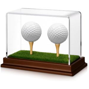 Weysat Golf Ball Display Case 2 in 1 Golf Ball Holder Stand Clear Acrylic Memorabilia Stand Cube Holder with Wood Base & Tee Lifelike Turf Clear Acrylic Case Box for Sport Fan Souvenir Collections