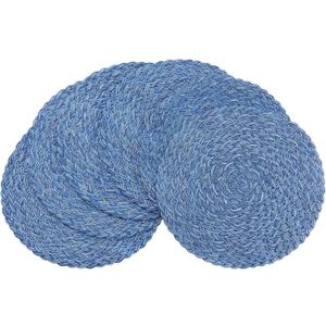 Floroom 15 Inch Round Braided Placemats Set of 6, Washable Heat Resistant Cotton Polyester Circle Boho Place Mats for Kitchen Dining Table - Seascape Blue