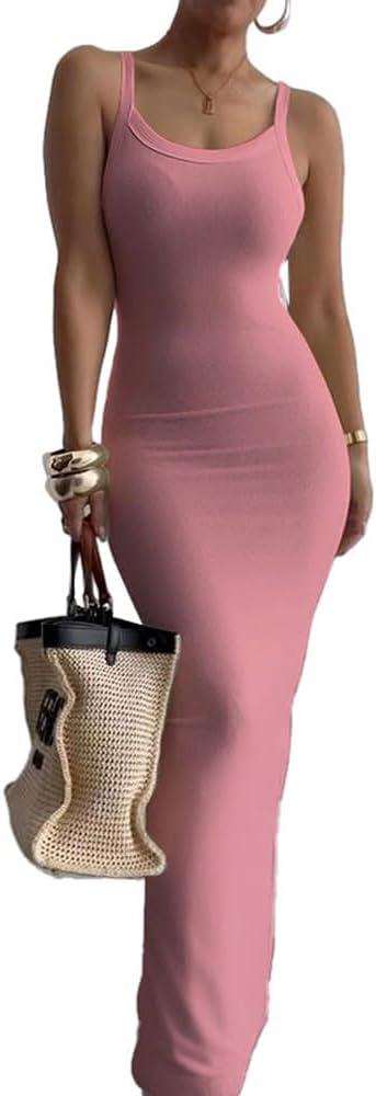 Nimsruc Women Summer Long Dress Casual Slip Sexy Slim Sleeveless Bodycon Maxi Dresses for Women 2024 (Medium, 8086-Deep Pink)