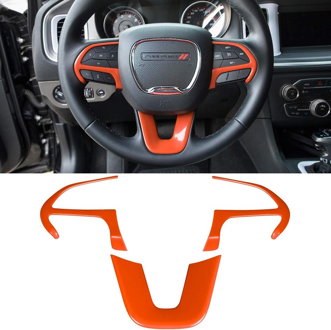 Steering Wheel Cover Trim Interior Accessories Decoration Kit for 2015-2024 Dodge Challenger Charger, for 2014-2024 Dodge Durango & Jeep Grand Cherokee SRT8 (Orange 3PCS)