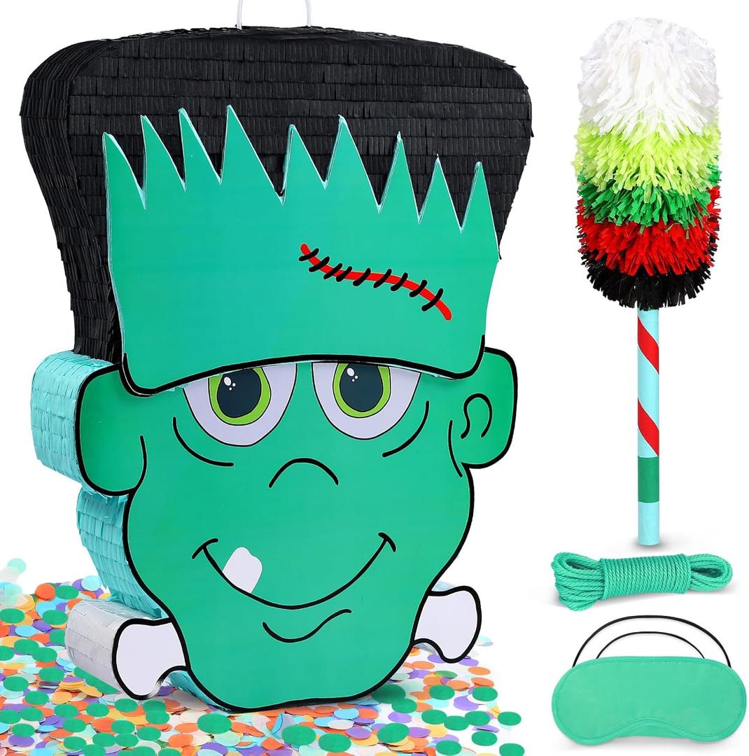 Large Halloween Green People Frank Pinata- Cute Monster Design - Piata Kit with Stick, Rope, Blindfold, Confetti for Halloween Parties & Kids' Events (21"  16.5"  3")