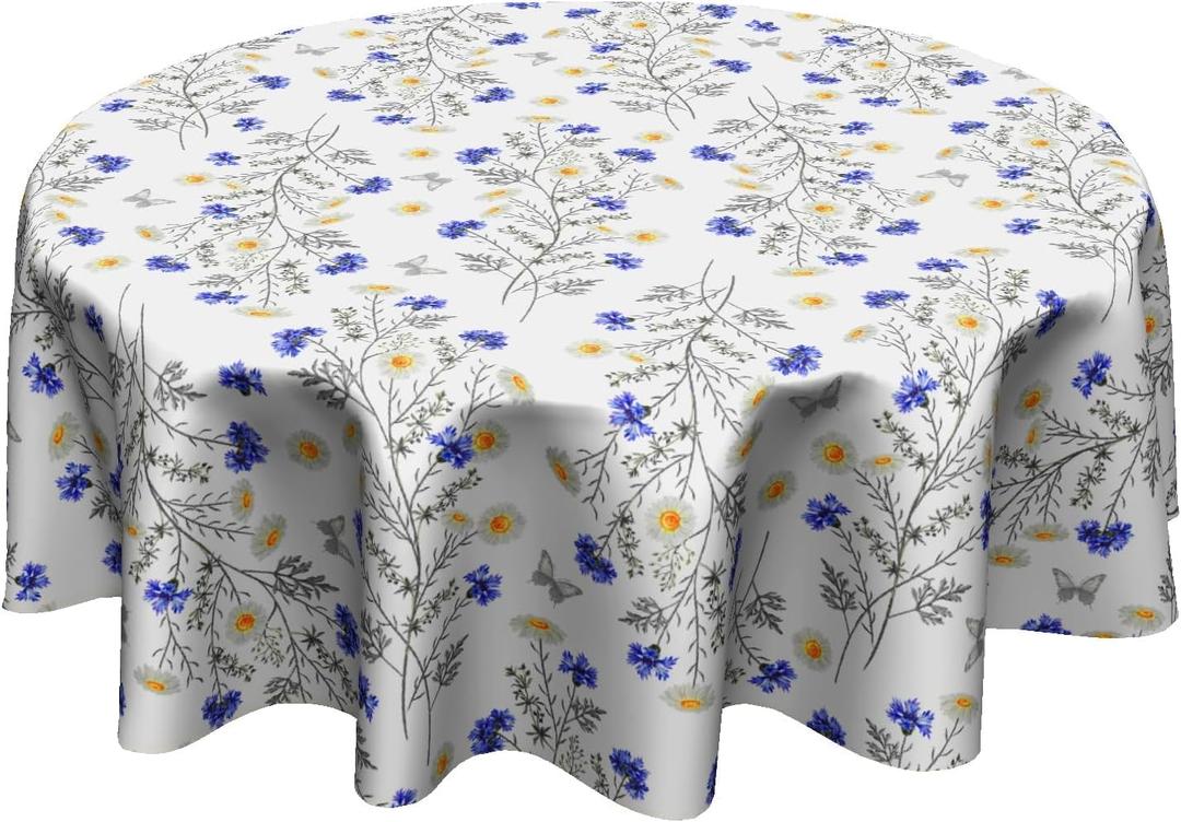Daisy Tablecloth Round - Spring Summer Floral Table Cover 60 Inch for Kitchen Holiday Picnic Party Dinner Room Outdoor Decor Daisies Flowers Blue White