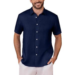 Kallspin Men's 100% Linen Button Down Shirts Casual Short Sleeve Tops Collared Summer Beach Shirts
, Navy Blue, Medium