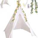 Kigley Teepee Tent for Kids Indoor Kids Teepee White Cotton Linen Play Tent with 6.6 Ft Pink Fake Rose Vine Artificial Garland 10 Ft Battery Operated String Lights for Girl and Boy Room Decor(2 Sets)