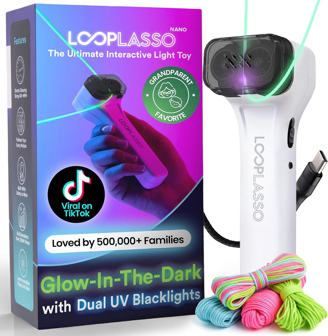 Loop Lasso NANO Glow in the Dark Rave Toys with Built-in UV Blacklight - Interactive Rope Launcher STEM Toy - Viral Flow and String Shooter Toy for Kids and Adults Loop Lasso NANO Glow in the Dark Rave Toys with Built-in UV Blacklight - Interactive Rope Launcher STEM Toy - Viral Flow and String Shooter Toy for Kids and Adults
