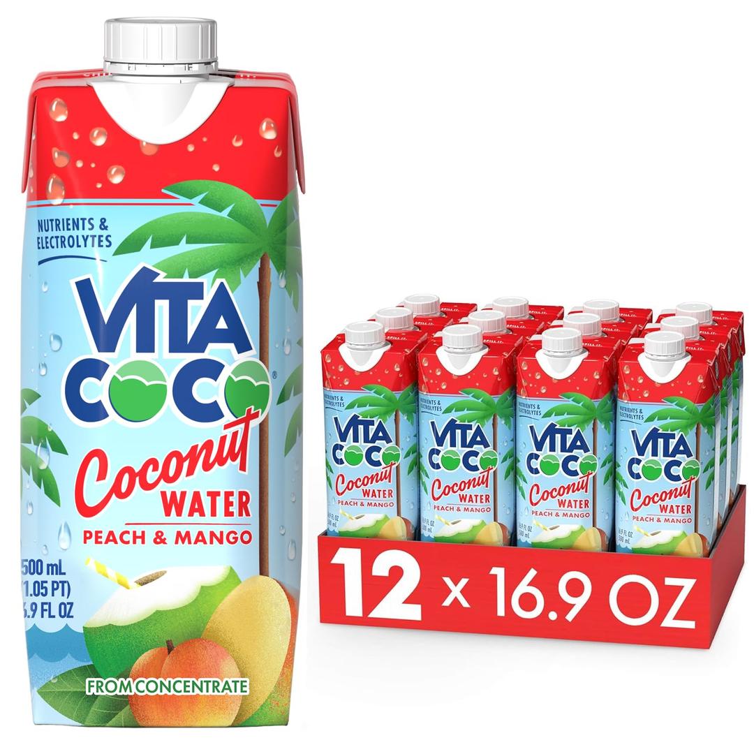 Vita Coco Coconut Water, Peach & Mango - Naturally Hydrating Electrolyte Drink - Smart Alternative to Coffee, Soda, and Sports Drinks - Gluten Free - 16.9 Fl Oz (Pack of 12)