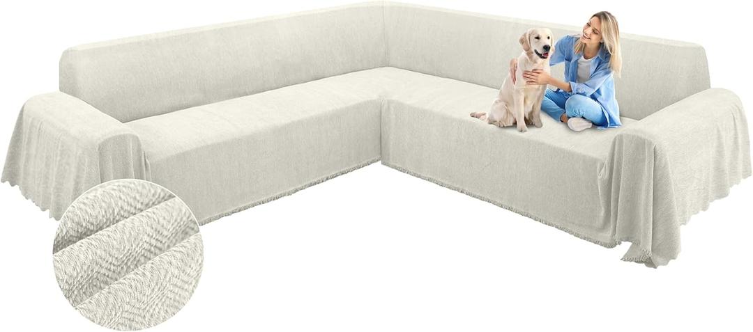 ALIECOM Corner Sectional Couch Covers L Shape Sofa Cover with Tassel Chenille Soft Thick U Shaped Sectional Slipcovers Washable Furniture Protector for Pets Dogs Cats (Creamy White, 91x251 Inch)