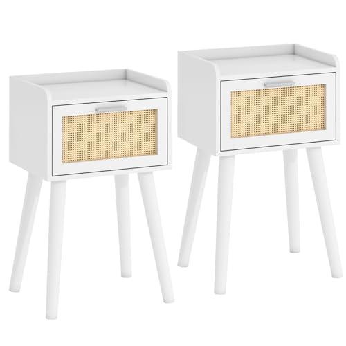 LAATOOREE Nightstand Set of 2, Small White Bedside Table, End Table with Rattan Door, Boho Side Table with Solid Wood Legs for Bedroom Living Room Small Space
