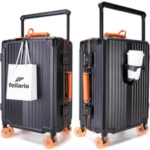 feilario 20" Aluminum Frame Wide Handle Hard Shell Carry On Suitcase - Vivid Colors Double Spinner Wheels Airline Approved Rolling Luggage with TSA Lock & Cup Holder (Black, 20in)