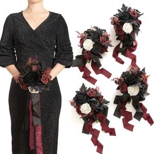 Ling's moment Artificial Flowers Gothic Bridesmaid Bouquet Set of 4, Burgundy and Black Wedding Flowers Bouquets for Bridesmaids 7 Inch Bridal Bouquets for Bridesmaids, Wedding, Ceremony, Anniversary