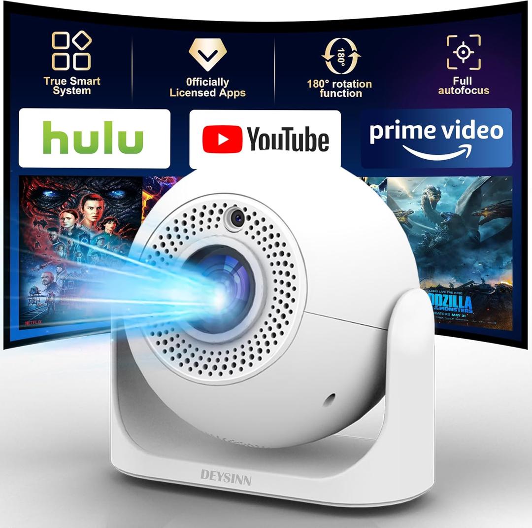 Smart Mini Projector with WiFi & Bluetooth, 4K Support 180 Rotatable Auto Focus & Keystone Portable Proyector with Built-in APPS and Speaker Outdoor Movie Home Theater Projector (white)